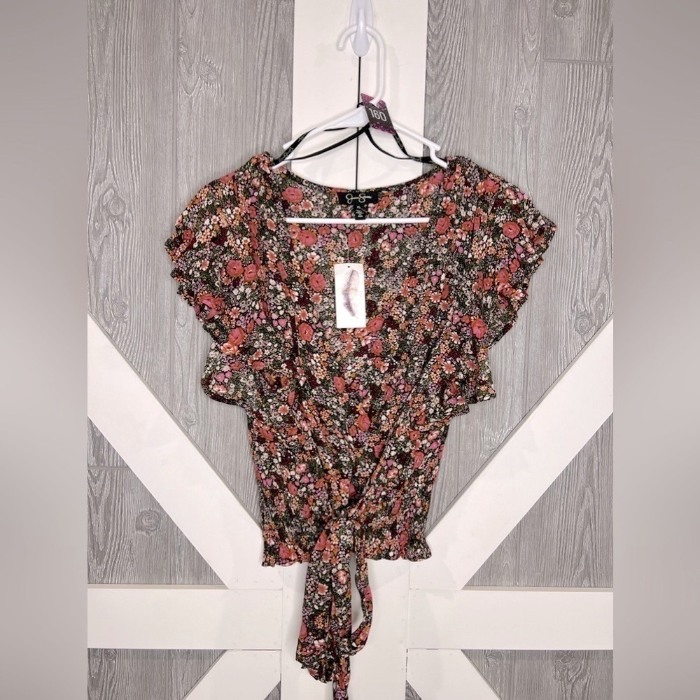 B3.01 NWT Jessica Simpson Floral Wrap/Tie Ruched Blouse XL